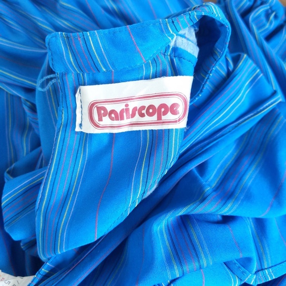 Vintage Teal Blue Striped Ruffle Neck 3/4 Sleeve Midi Dress - Picture 7 of 13